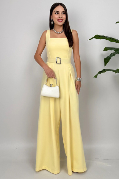 Dolcha Noir Flow Kadın Sarı Kemerli Askılı Bol Paça Tulum – Zarif Şıklık