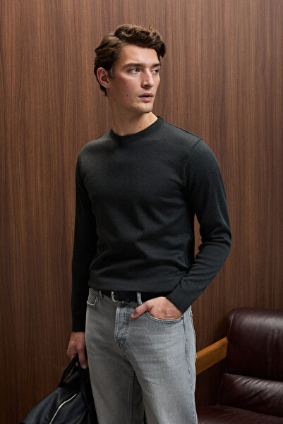 GRIMELANGE VAREX Erkek Yuvarlak Yaka Basic Slim Fit Triko Antrasit Kazak