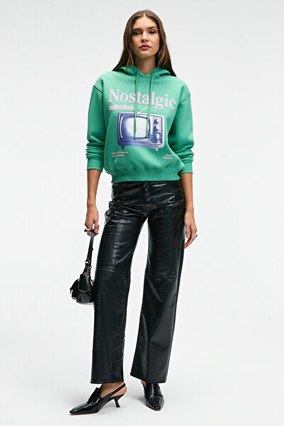 GRIMELANGE Slopane Women's Relaxed Fit Hooded Printed Green Sweatshirt