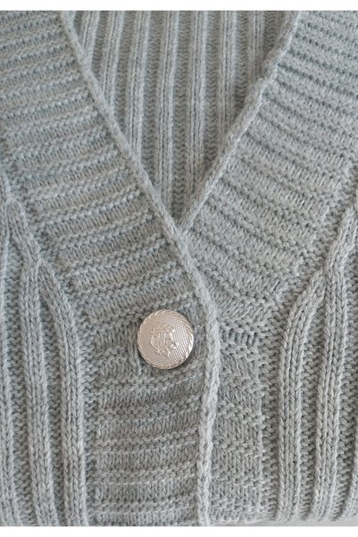 Dagü Design Women's Gold Buttoned Ribbed Oversized Gray Knitwear Cardigan