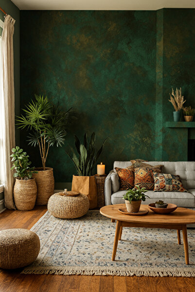 Arkhearts Kendinden Yapışkanlı Atlas Efektli Duvar Kağıdı – Zümrüt Yeşili & Bakır Doku | Tekstil Tabanlı