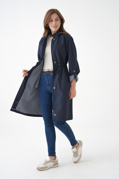 Ayşo Navy Blue Wind, Waterproof Bondit Fabric Detachable Buttoned Hooded Trench Coat with Tunnel Waist