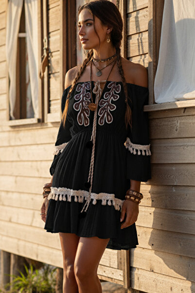 FASHION COCKTAIL Düşük Omuz Nakışlı & Ponponlu Püsküllü Mini Etnik Otantik El...