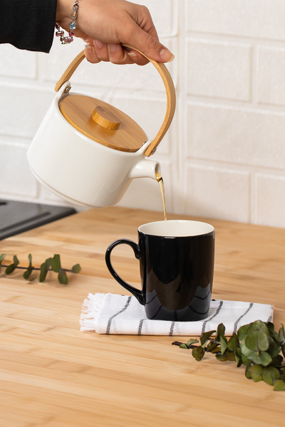 Perotti 13988 Pure White Porcelain Teapot with Wooden Lid and Handle Teapot 500ml