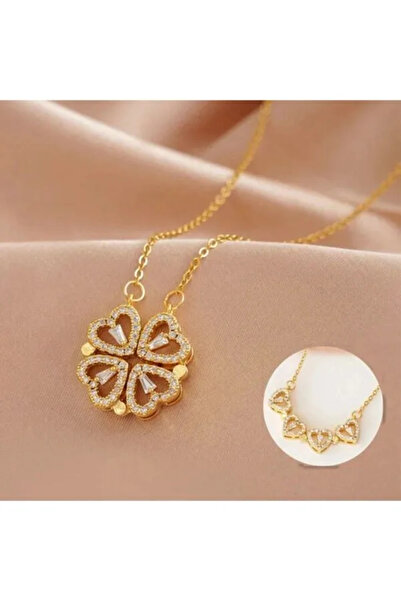 Birmem Kadın Paslanmaz Çelik Mıknatıslı Açılır Kapanır Dört Kalp Yonca Şans Kolyesi