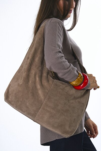 ABBRA Geantă pentru femei din piele de căprioară reală, cu fermoar dublu, căptușită