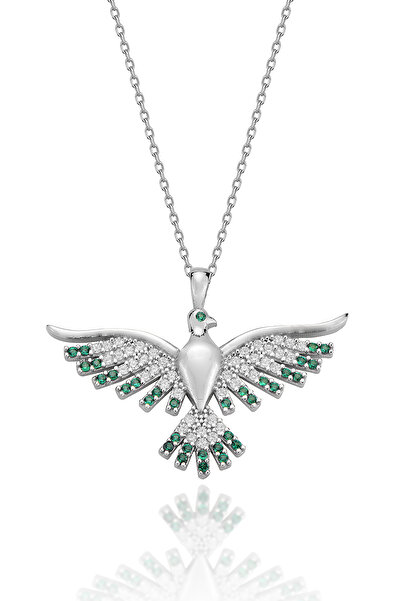 KAR DİAMOND Orijinal Gümüş Rodyumlu Yeşil Ve Beyaz Taşlı Anka Kuşu Kolye - Se...