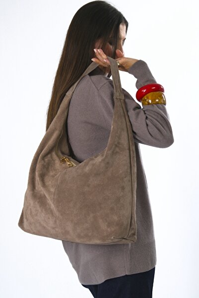 ABBRA Geantă pentru femei din piele de căprioară reală, cu fermoar dublu, căptușită