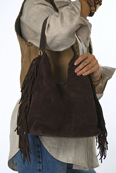 ABBRA Women's Real Suede Leather Puppy Bag with Tassels on the Sides