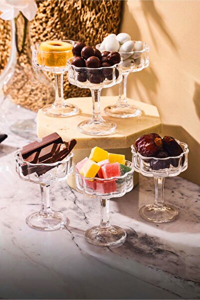 6-Piece Magnolia Coffee Side Turkish Delight Bowl Sugar Bowl | Footed Glass Serving Dragee Holder