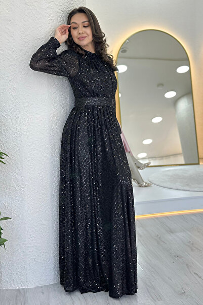 zks grup tekstil Women's Sequin Sequin Drawstring Detail Maxi Evening Dress with Belt Black, Beige, Navy, Red