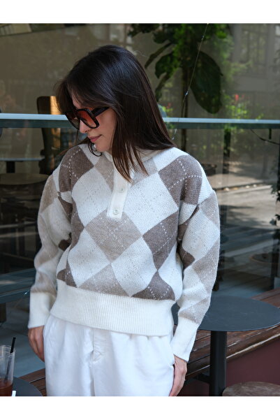 Butik Una Fiaba Ecru Soft Textured Diamond Pattern Women's Knitwear Polo Neck Sweater