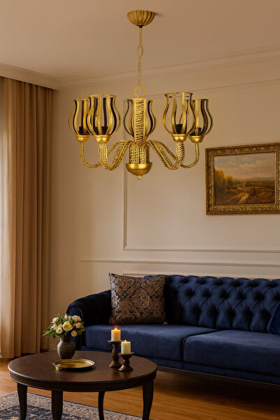 VENON Spor Avize Metal Avize 5 Kollu Aydınlatma Maşa 5 Li Camlı Siyah Sarı Pa...