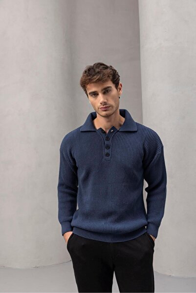 Valiberta Оверсайз пуловер за мъже от Солун с 4 копчета, половин цип и свободна кройка - индиго