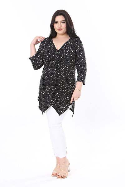 Şans Kadın Büyük Beden Siyah Göğüs Büzmeli Puan Desenli Kapri Kollu Bluz 65N37949