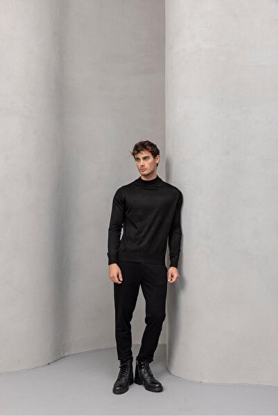 Valiberta Fincher Half Fisherman Slim Fit High Neck Men's Sweater - Black