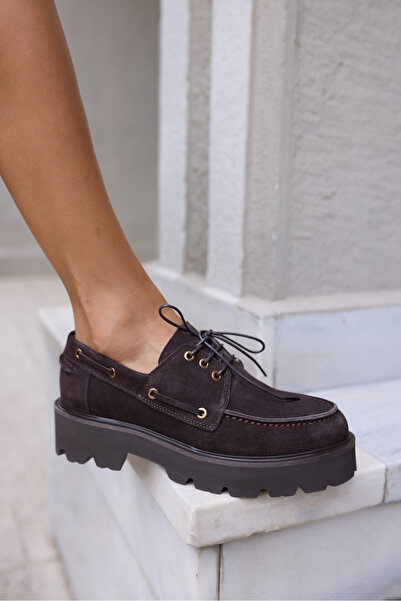 ANGELİNA JONES Дамски кафяви мокасини с връзки от естествен велур ALVAREZ