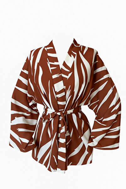 Glowear Atelier Brown Zebra Patterned Design Belted Kimono