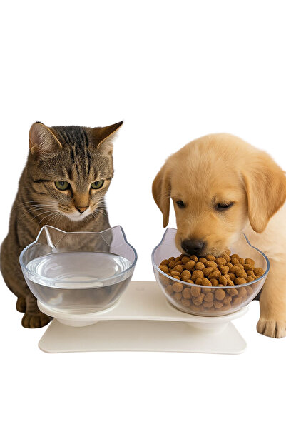 YAPAY ÇİÇEKÇİNİZ Çift Hazneli Kedi Kulaklı Beslenme Mama ve Su Kabı 350 ML