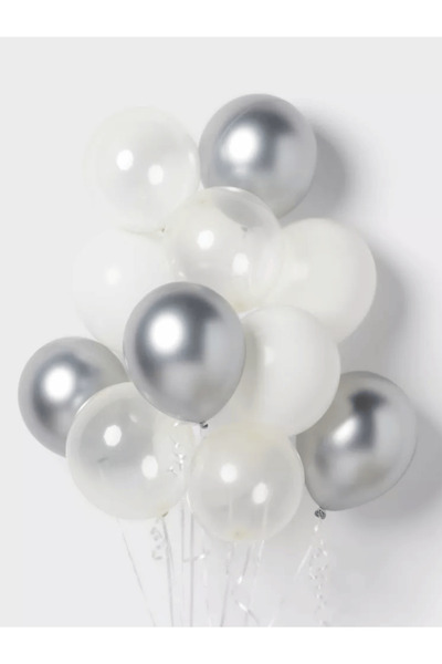 Bunloon 20’li Krom Gümüş, Pastel Beyaz ve Şeffaf Balon Seti | Zarif Parti Süs...