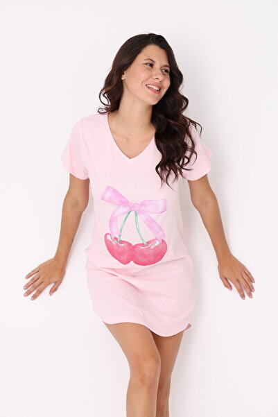 YASAR UNDERWEAR Kiraz Baskılı %100 Pamuk Gecelik – Pembe
