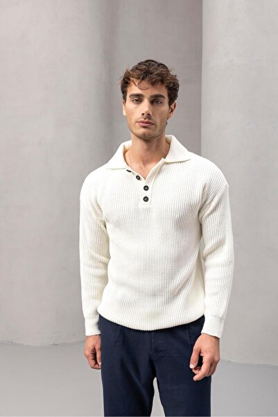 Valiberta Oversize Thessaloniki Knitted 4 Button Half Placket Comfortable Fit Men's Knitwear Sweater - Ecru