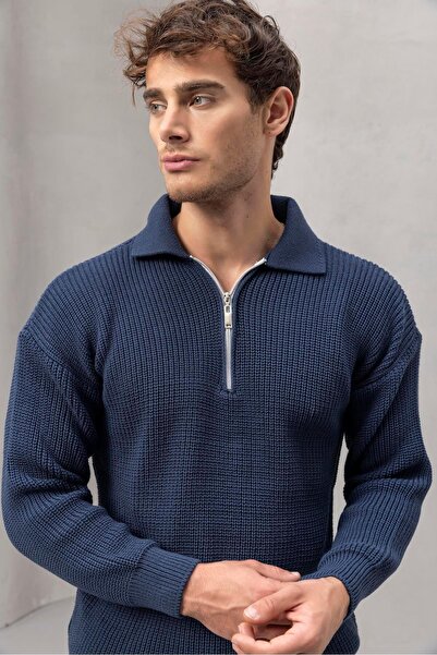 Valiberta Gibson Oversize Півзастібка-блискавка Сорочка Поло-комір Селонік В'язаний Чоловічий Трикотажний Светр - Індиго