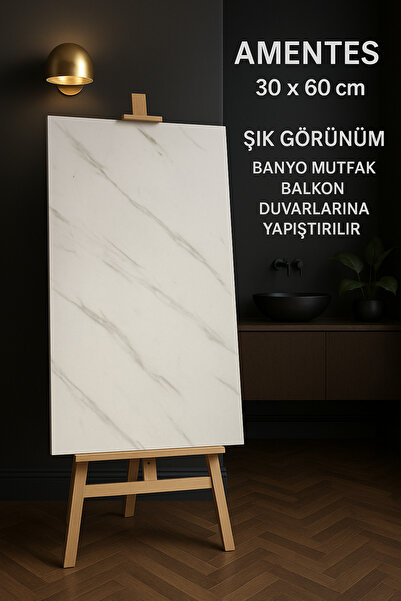 Amentes Kendinden Yapışkanlı Esnek Köpük Siyah Mermer Desenli Beyaz Pvc Panel 60x30 cm Banyo WC Mutfak