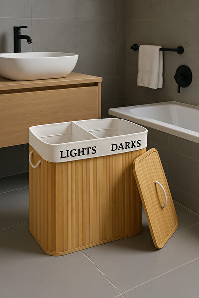 SYN AKSESUAR Bambu Katlanabilir Çift Bölmeli Çamaşır Sepeti / Doğal Çamaşır S...