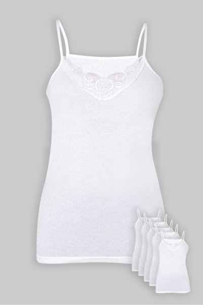 YASAR UNDERWEAR Women's 100% Cotton Lace Thin Strap Tank Top - White (Pack of 5)