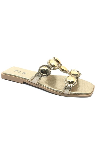 Kocamanlar Ayakkabı Feles thin sole stone detailed women's slipper gold