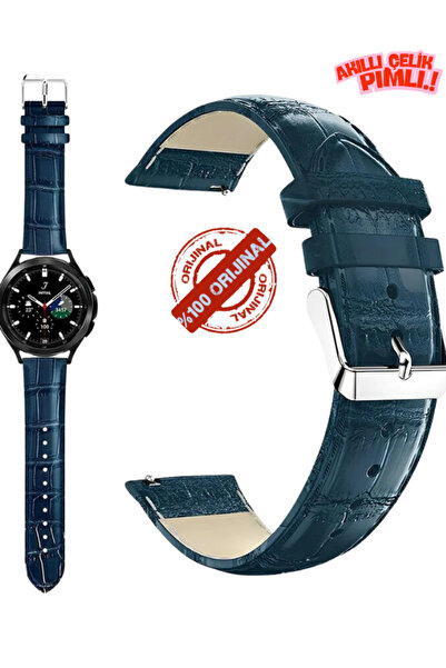 onlinekordon ⌚   22mm Watch Compatible Navy Blue Color Crocodil Printed Leather Watch Band Strap with Smart Pin 46mm