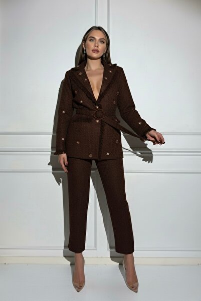 1Moda1Tarz Kadın İthal Simli Tüvit Kumaş Astarlı Kemerli Püskül Detay Boncuk Aksesuarlı Tasarım Takım