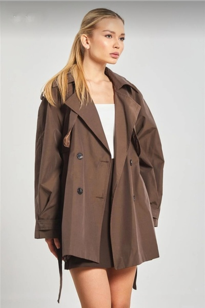 Safgiyim44 Women's Brown Double-Breasted Collar Lined Trench Coat
