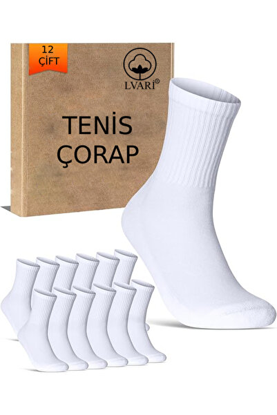 Lvari Unisex 12 Çift Pamuklu Düz Beyaz Spor Çorabı Tenis Model