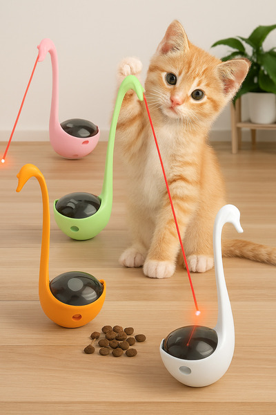 GOLD BE لعبة ليزر على شكل بجعة للقطط مع موزع طعام. مثالية لذكريات ممتعة!