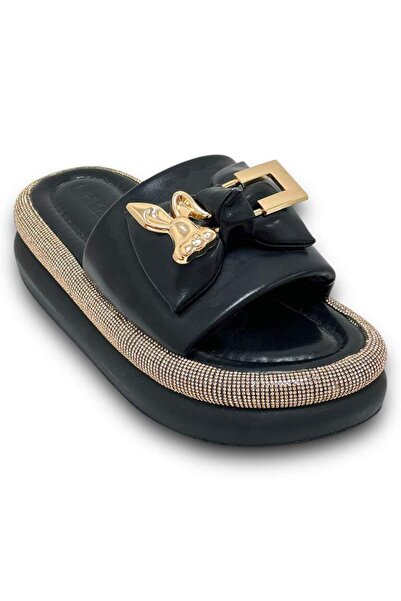 lescarpe 947 SİYAH GOLD TAŞ DETAYLI TAVŞAN TOKALI KADIN GÜNLÜK YÜKSEK KALIN T...