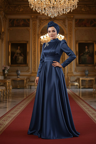 Neva Style Satin Navy Blue Hijab Evening Dress 22301L