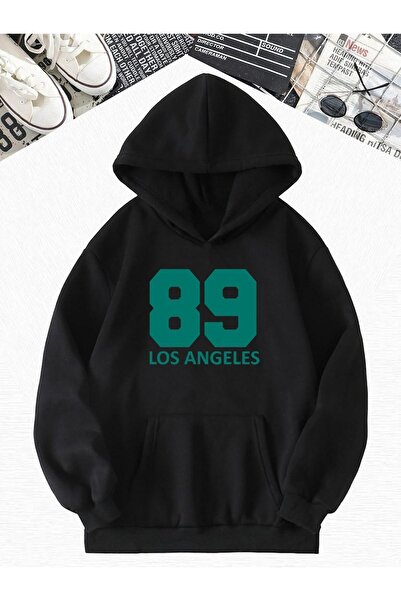 DM DOLCE MORE سترة رياضية كبيرة الحجم بقلنسوة مطبوعة بـ 3 خيوط قطنية ممشطة باللون الأسود 89 لوس أنجلوس