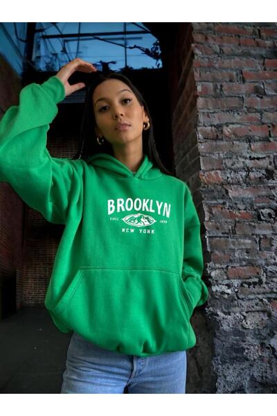 DM DOLCE MORE Hanorac unisex cu 3 fire din bumbac pieptănat, cu imprimeu BROOKLYN, cu croială oversize