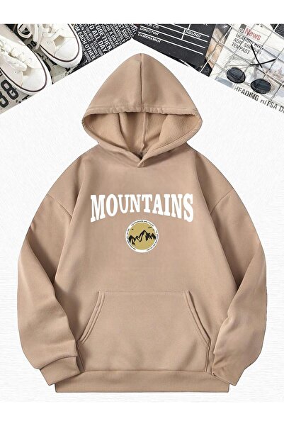 DM DOLCE MORE Hanorac oversize cu glugă, cu imprimeu de munte, bej, din bumba...
