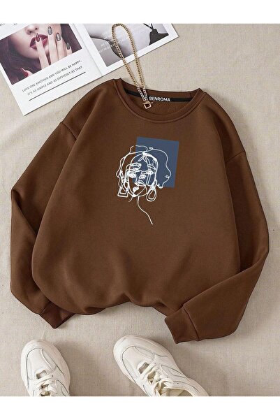 DM DOLCE MORE Φούτερ με 3 νήματα, χτενισμένο βαμβάκι, γυναικεία φιγούρα με στάμπα, λαιμόκοψη, unisex, oversize