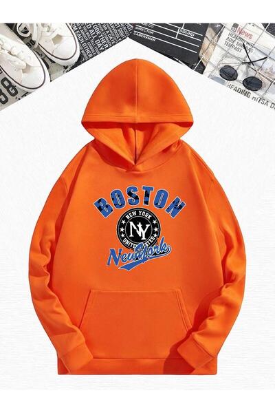 DM DOLCE MORE سترة رياضية كبيرة الحجم بقلنسوة مطبوعة بنمط بوسطن باللون البرتق...