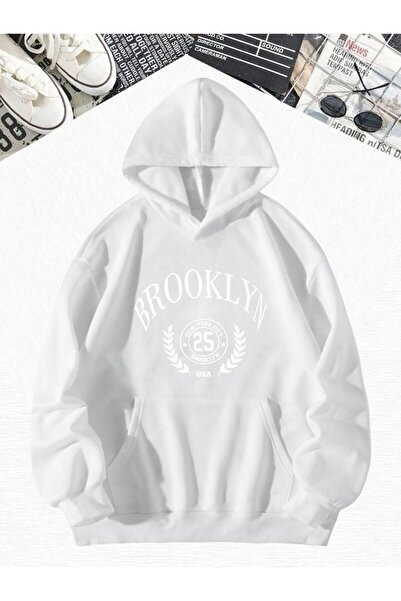 DM DOLCE MORE Hanorac oversize cu glugă, alb, din bumbac pieptănat cu 3 fire, BROOKLYN 25, imprimat