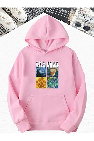 DM DOLCE MORE سترة رياضية كبيرة الحجم مطبوعة بتصميم فان جوخ باللون الوردي من القطن الممشط بثلاثة خيوط