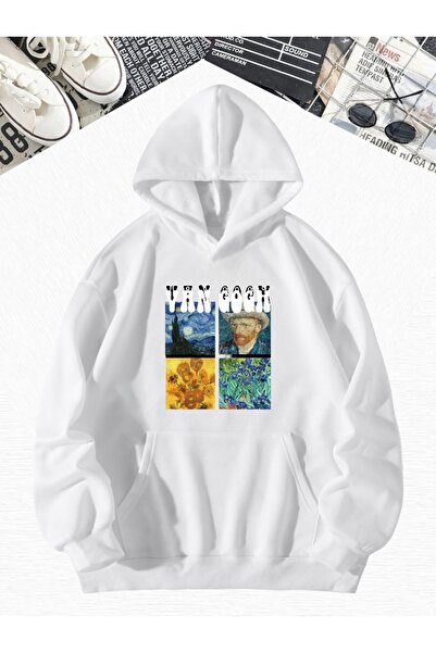 DM DOLCE MORE سترة رياضية كبيرة الحجم مطبوعة بتصميم فان جوخ من القطن الممشط الأبيض بثلاثة خيوط