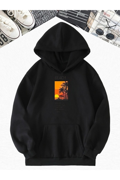 DM DOLCE MORE Hanorac oversize negru cu imprimeu de plajă, din bumbac pieptăn...