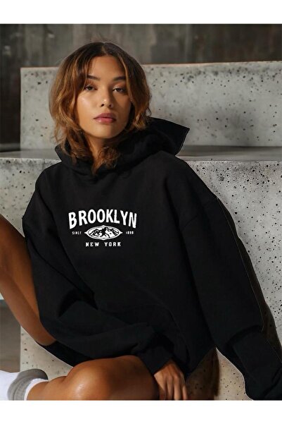 DM DOLCE MORE Hanorac unisex cu 3 fire din bumbac pieptănat, cu imprimeu BROOKLYN, cu croială oversize