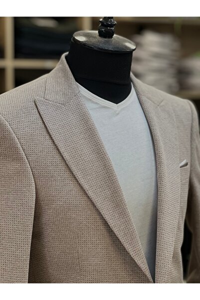 SAVARA Men's Slimfit Beige Jacket with Argyle Pattern Made of Stretchy Lycra Fabric