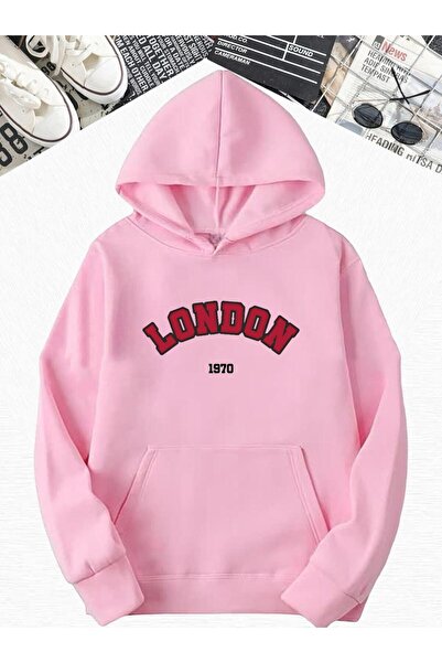 DM DOLCE MORE Φούτερ με κουκούλα με στάμπα ΛΟΝΔΟΝ, ροζ χτενισμένο βαμβάκι, 3 κλωστές, oversize